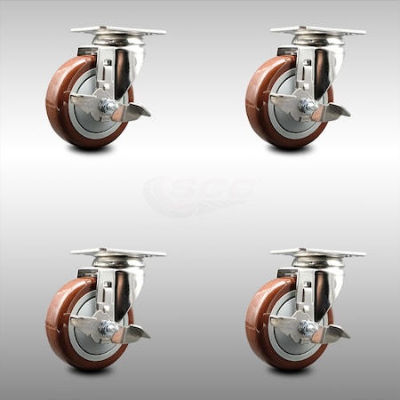 Service Caster 4 Inch 316SS Maroon Polyurethane Wheel Swivel Top Plate Caster Set with Brake SCC-SS31620S414-PPUB-MRN-TLB-4